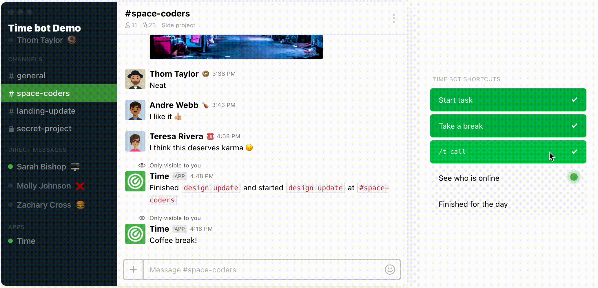 Time bot for Slack help, support and guidelines