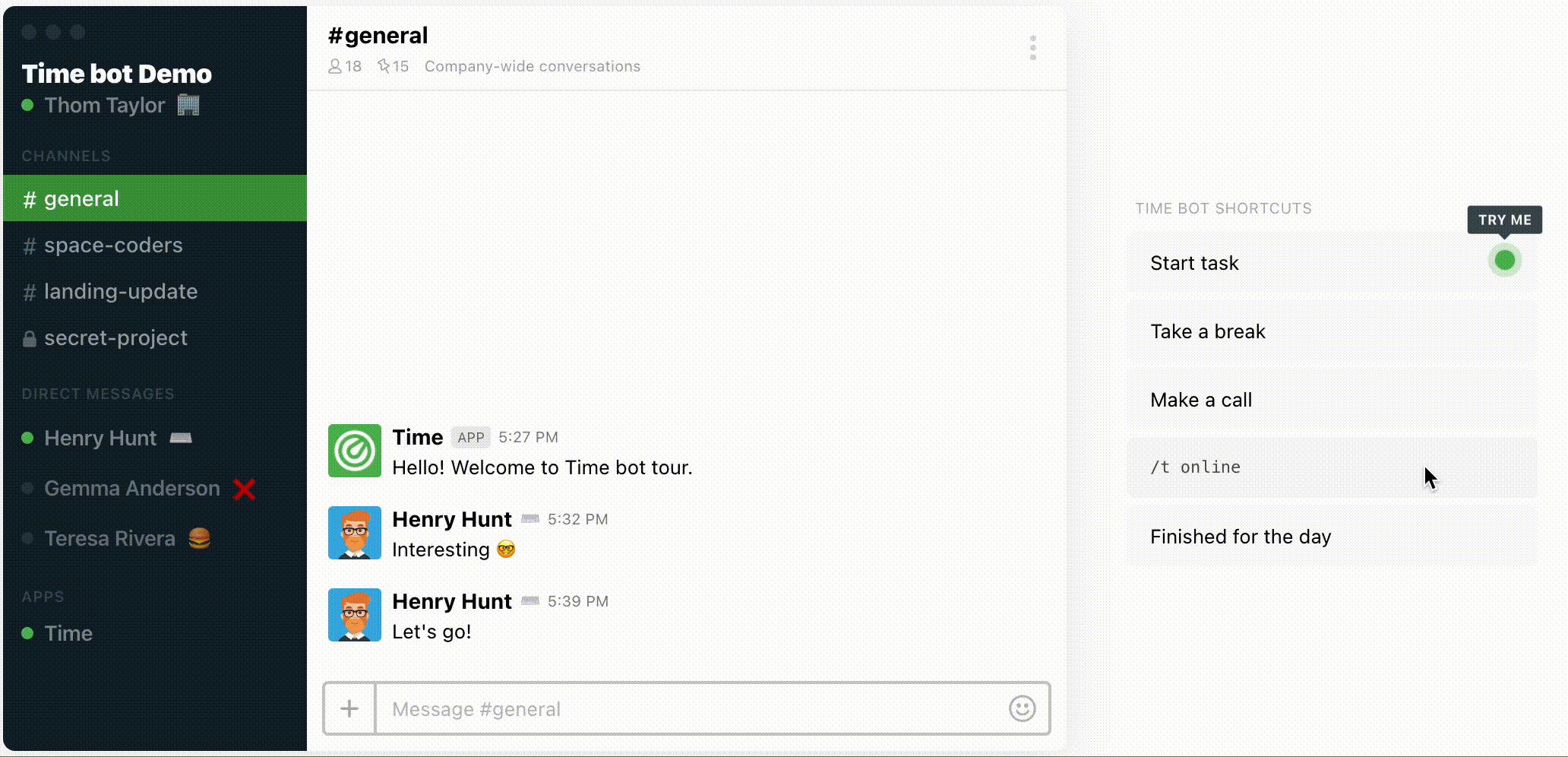 Time bot for Slack help, support and guidelines